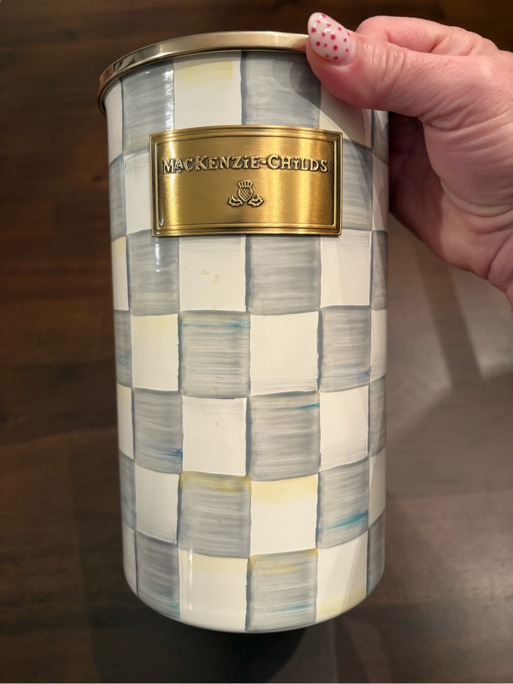 Mackenzie Childs Sterling checkered enamel utensil holder Kitchen Decor